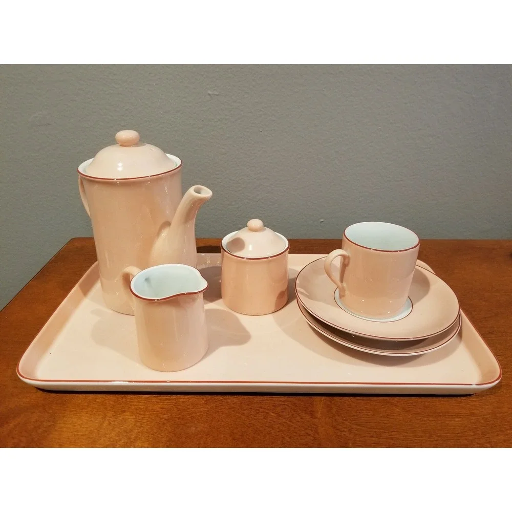 Vintage Taitu Due Peach W/Red Trim Espresso/Tea Demitasse Set With Tray